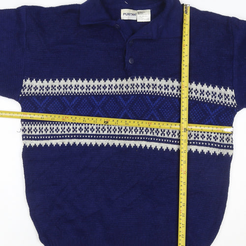 Puritan Men’s Blue M Fair Isle Collared Henley Acrylic Jumper
