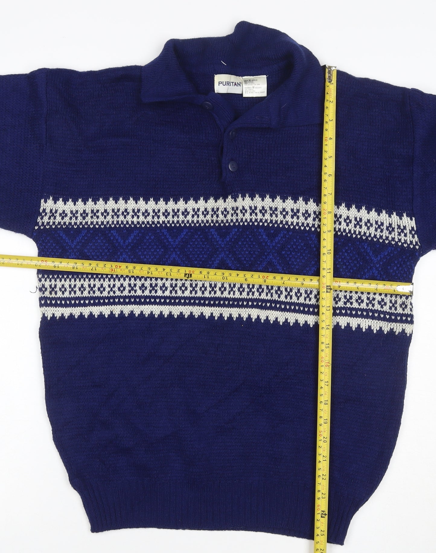Puritan Men’s Blue M Fair Isle Collared Henley Acrylic Jumper