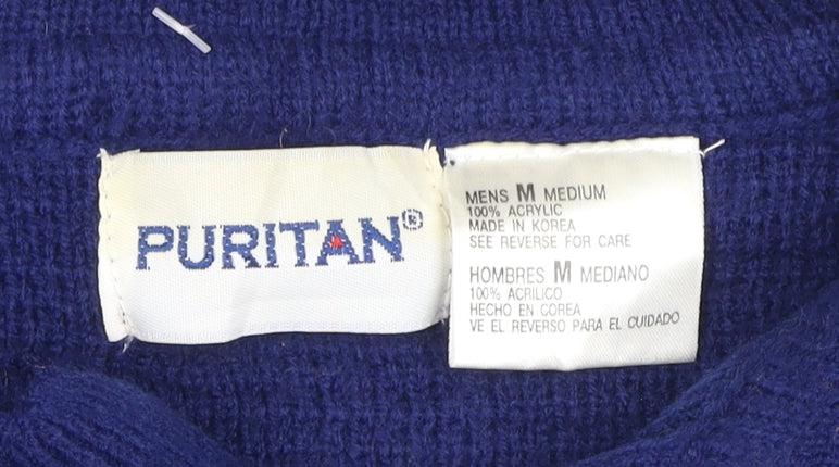 Puritan Men’s Blue M Fair Isle Collared Henley Acrylic Jumper
