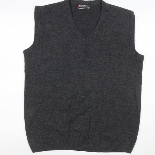 Glam Knitwears Men's Grey Wool Blend V-Neck Sleeveless Vest XL