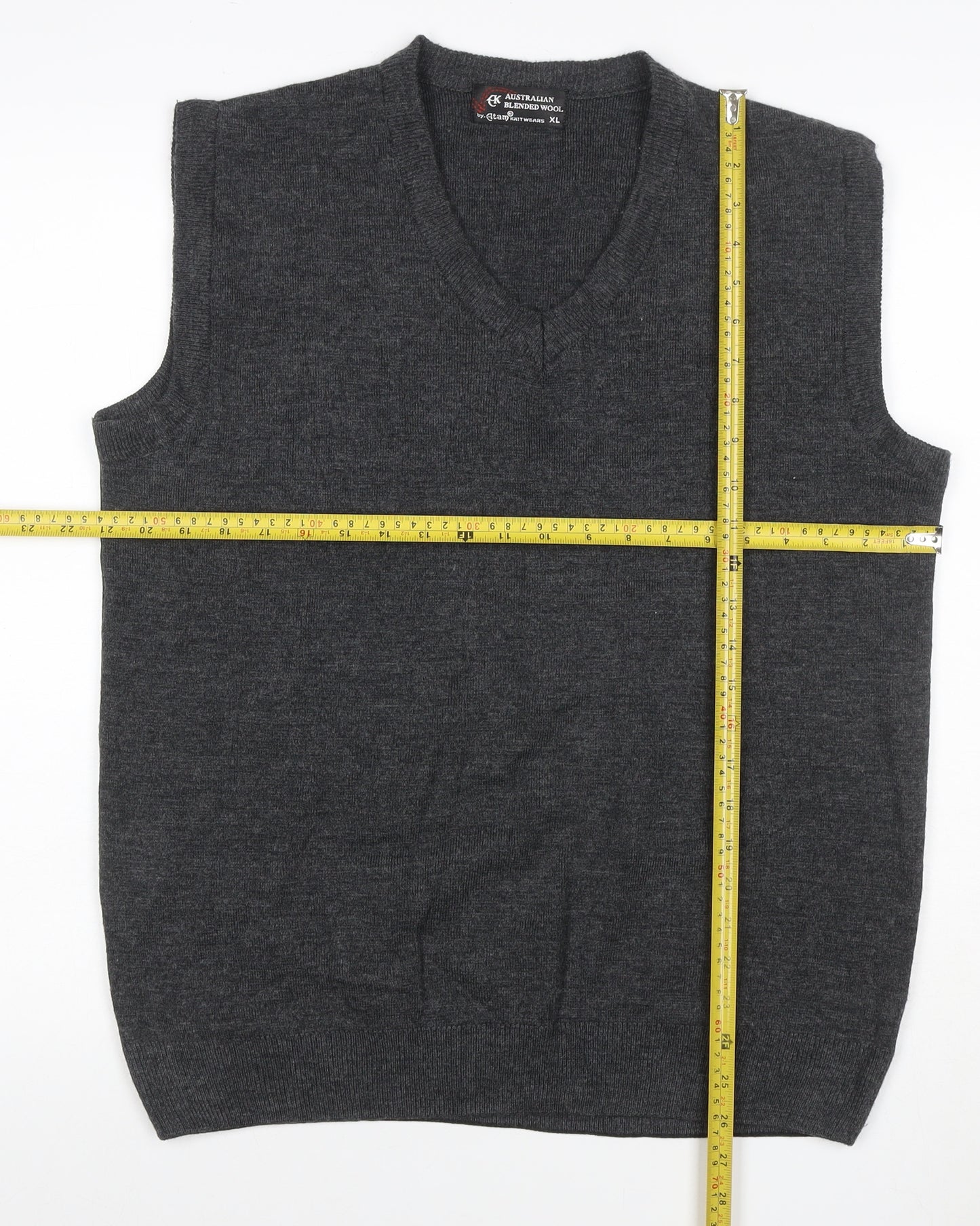 Glam Knitwears Men's Grey Wool Blend V-Neck Sleeveless Vest XL