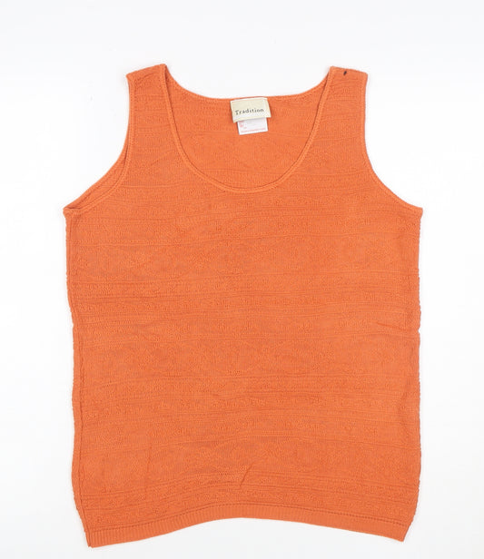 Tradition Women Orange Small Geometric Knit Scoop Neck Tank Top