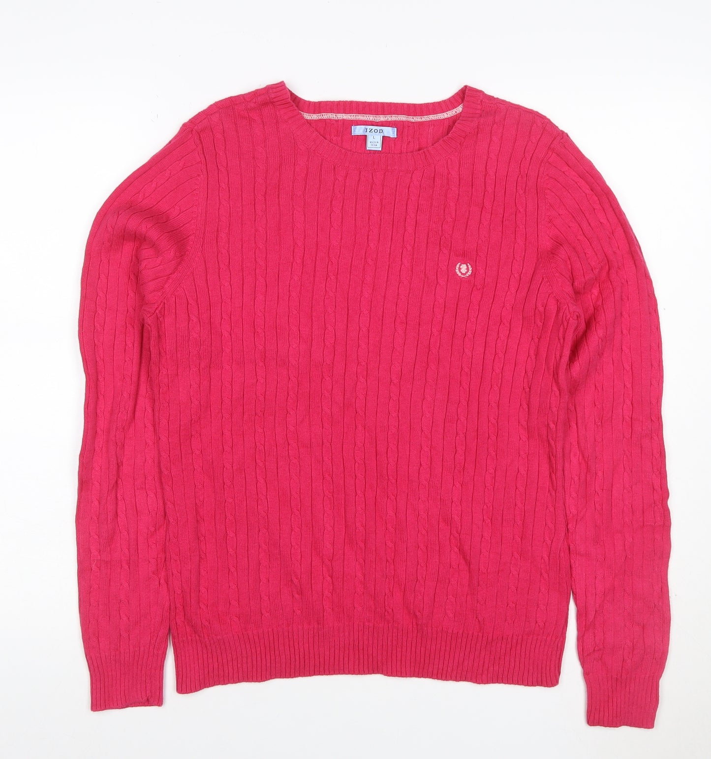 IZOD Women’s Pink L Cable Knit Cotton Crew Neck Jumper