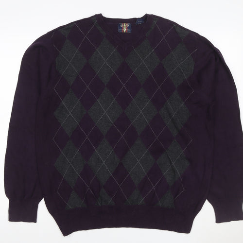 Arrow Men’s Purple L Argyle Cotton V-Neck Pullover Jumper