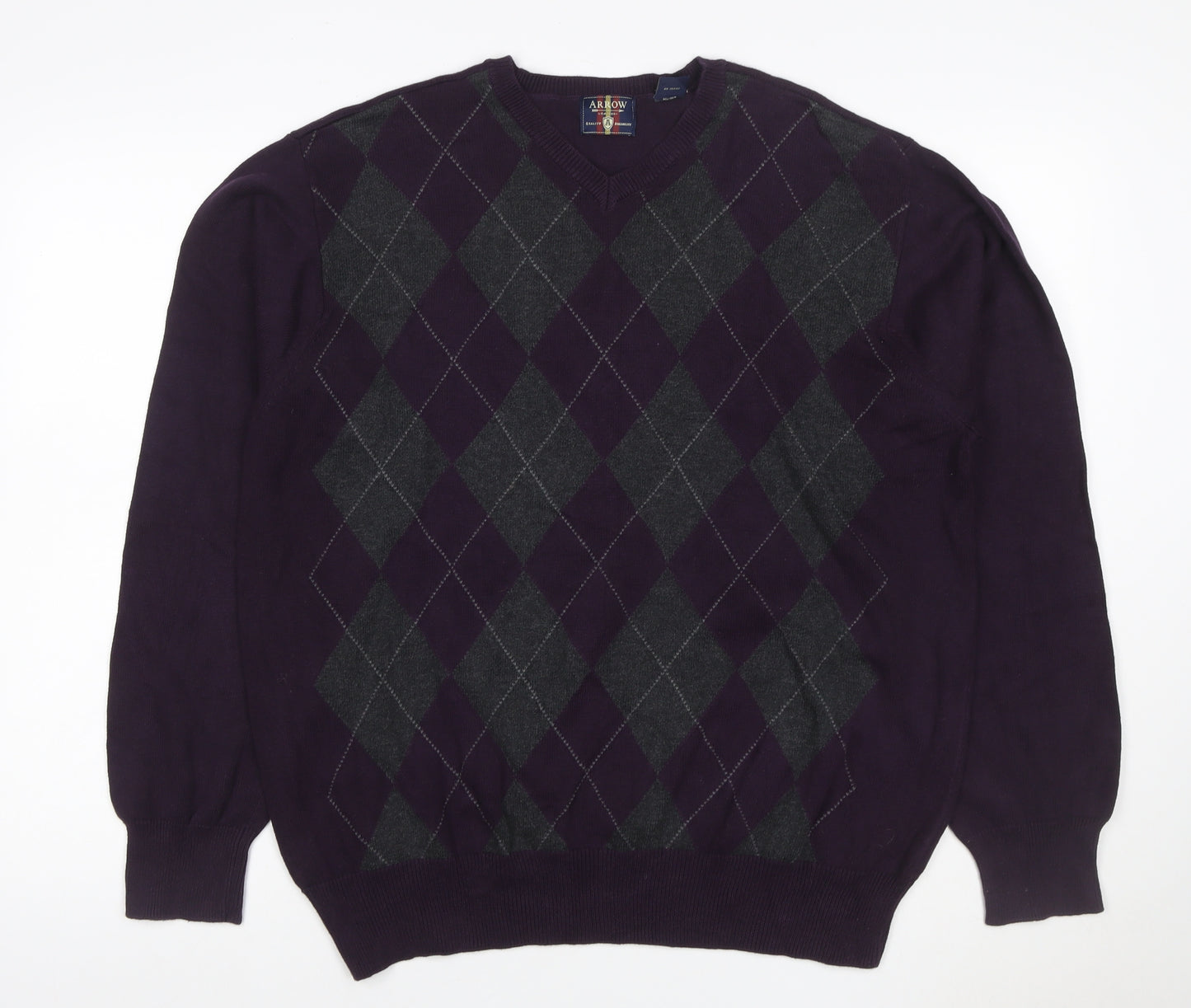 Arrow Men’s Purple L Argyle Cotton V-Neck Pullover Jumper