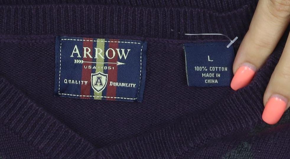 Arrow Men’s Purple L Argyle Cotton V-Neck Pullover Jumper