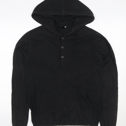 Selected Men Black L Hooded Henley Pullover Cotton Kangaroo Pocket
