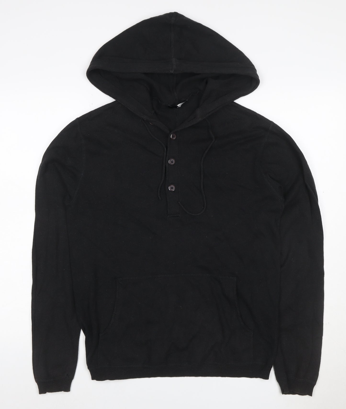 Selected Men Black L Hooded Henley Pullover Cotton Kangaroo Pocket