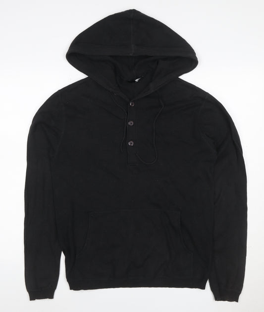 Selected Men Black L Hooded Henley Pullover Cotton Kangaroo Pocket