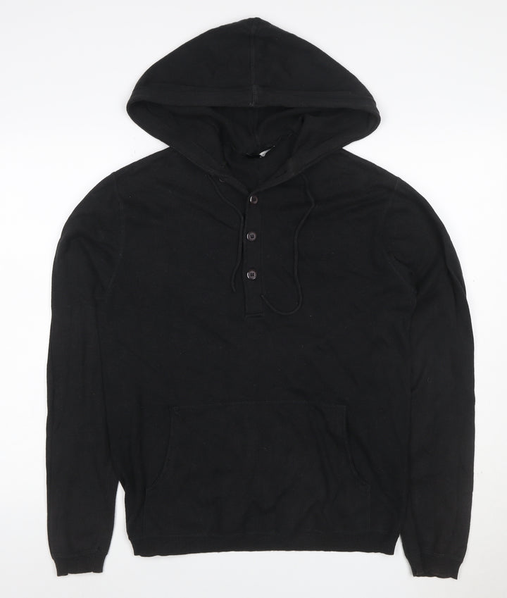 Selected Men Black L Hooded Henley Pullover Cotton Kangaroo Pocket