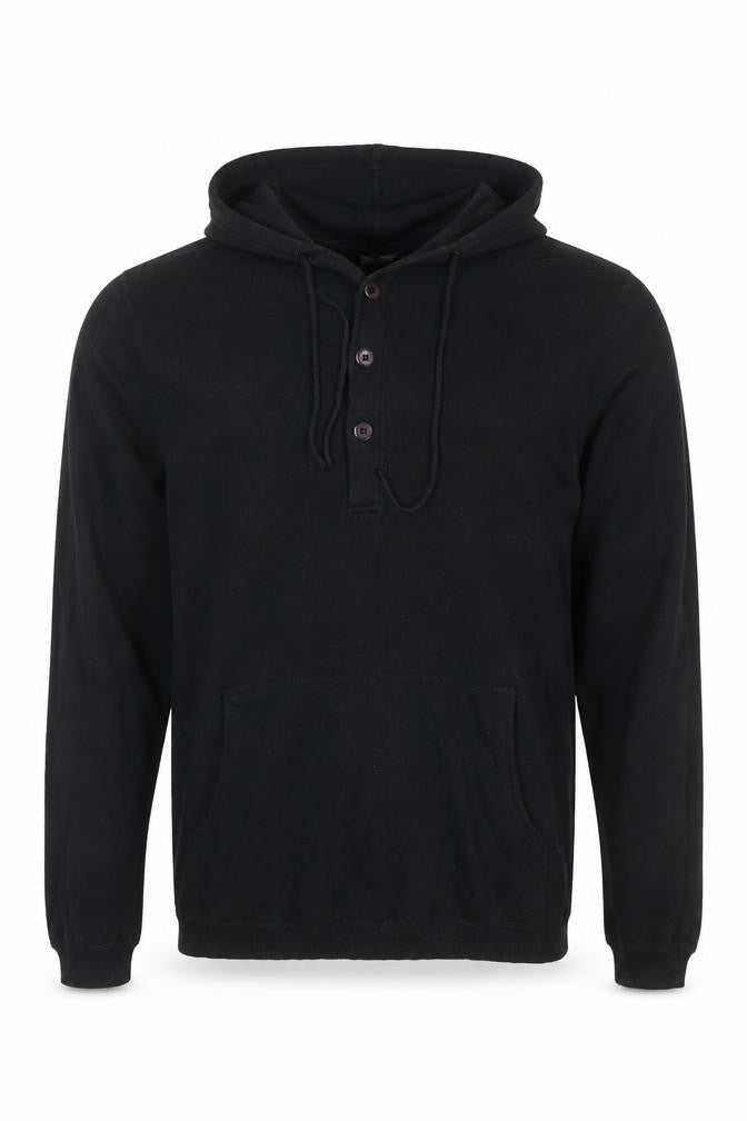 Front view of Selected Men Black L Hooded Henley Pullover Cotton Kangaroo Pocket