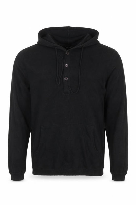 Selected Men Black L Hooded Henley Pullover Cotton Kangaroo Pocket