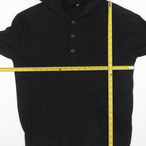 Selected Men Black L Hooded Henley Pullover Cotton Kangaroo Pocket