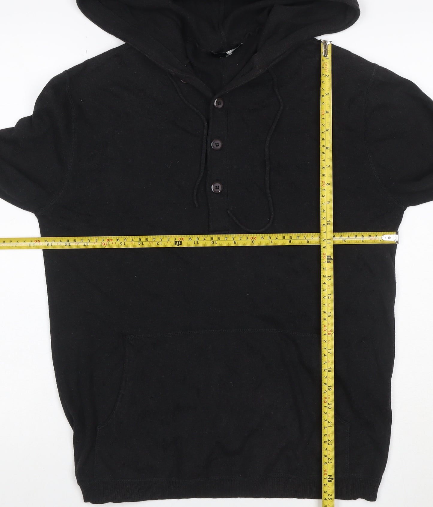Selected Men Black L Hooded Henley Pullover Cotton Kangaroo Pocket