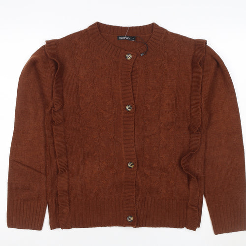 Boohoo Women Brown M Cable Knit Ruffle Button Cardigan