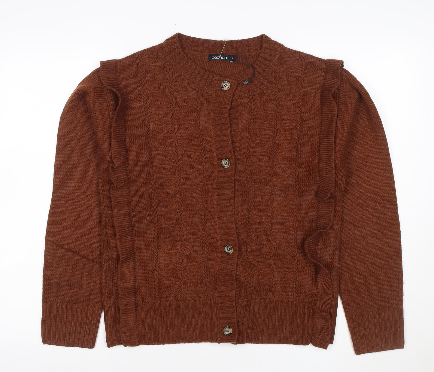 Boohoo Women Brown M Cable Knit Ruffle Button Cardigan
