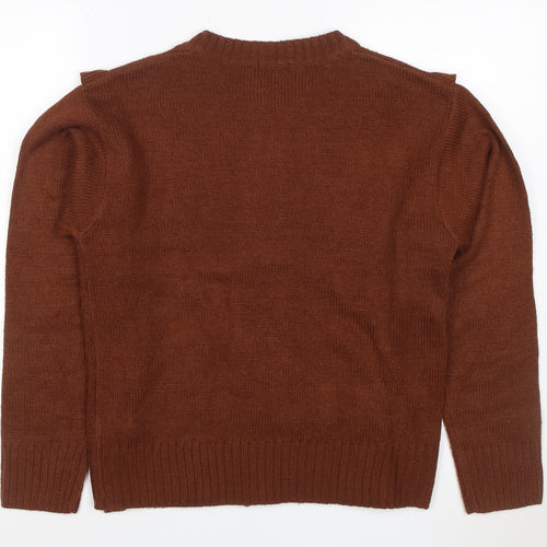 Boohoo Women Brown M Cable Knit Ruffle Button Cardigan