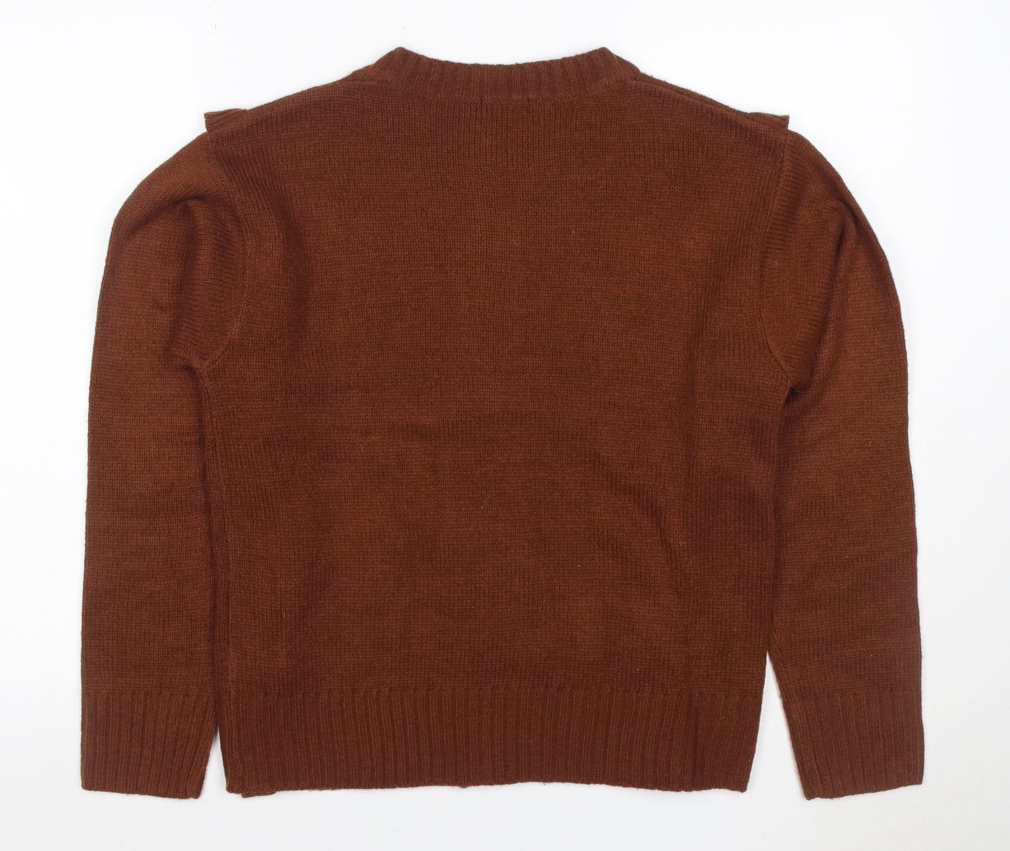 Boohoo Women Brown M Cable Knit Ruffle Button Cardigan