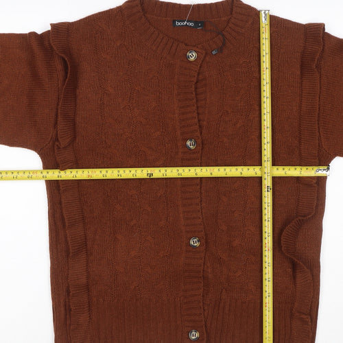 Boohoo Women Brown M Cable Knit Ruffle Button Cardigan