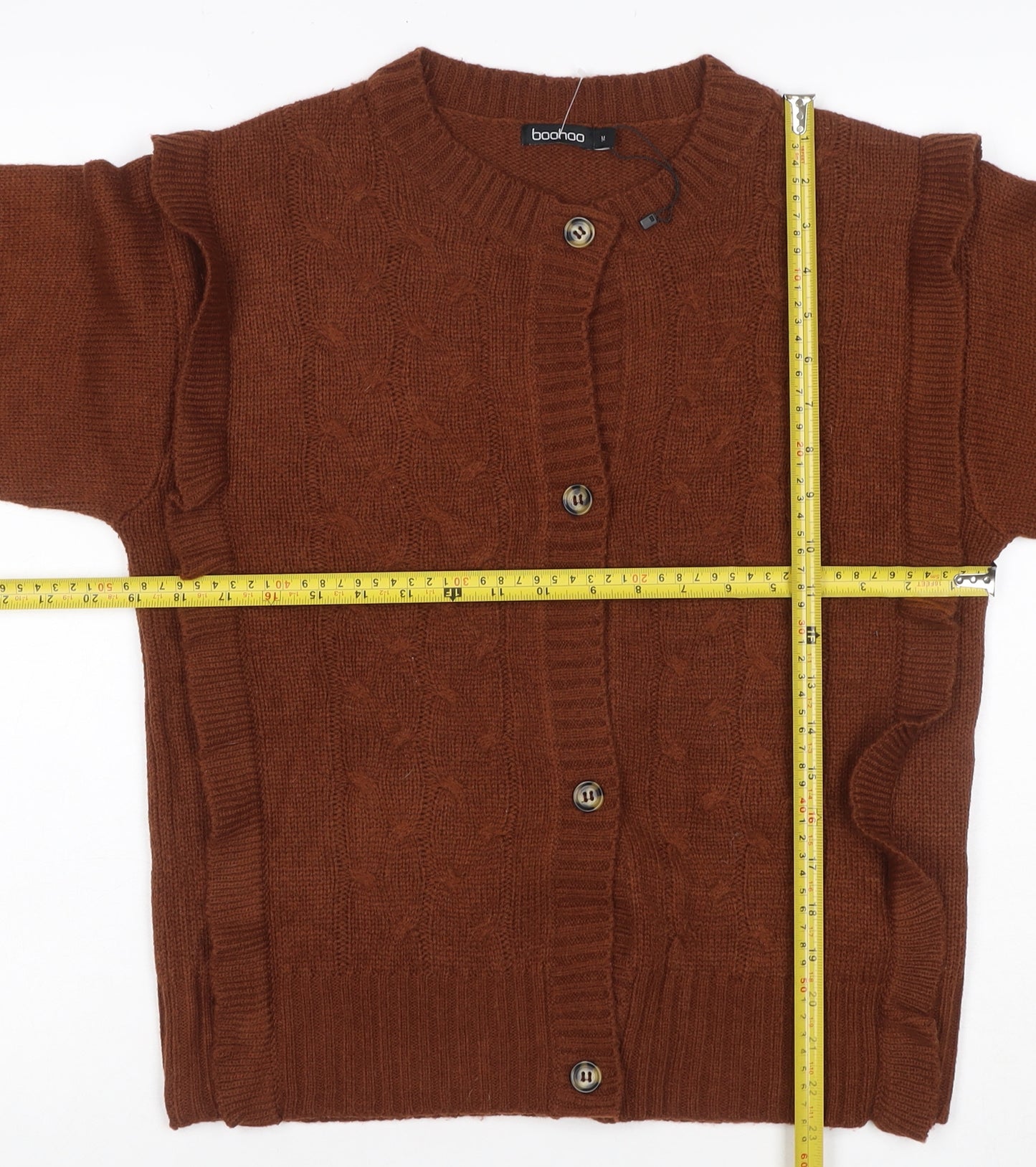 Boohoo Women Brown M Cable Knit Ruffle Button Cardigan