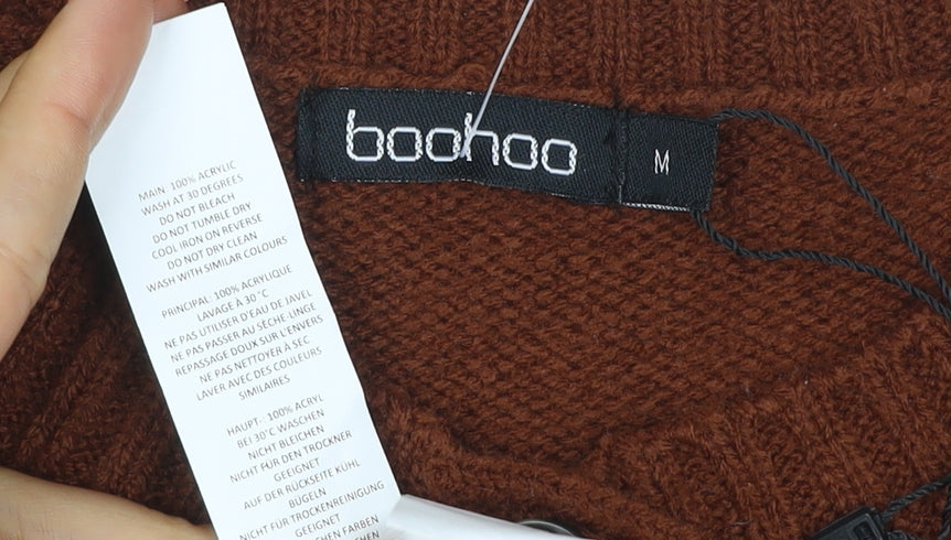Boohoo Women Brown M Cable Knit Ruffle Button Cardigan