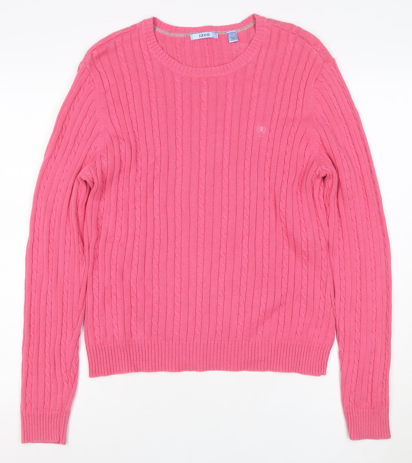 IZOD Women’s Pink L Cable-Knit Cotton Crew Neck Pullover Jumper