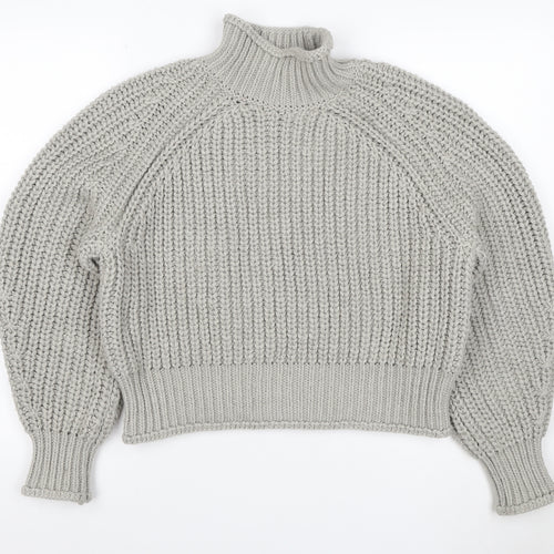 H&M Women Grey M Chunky Knit Wool Blend High Neck Raglan Jumper