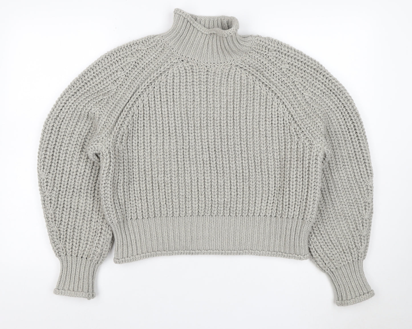 H&M Women Grey M Chunky Knit Wool Blend High Neck Raglan Jumper