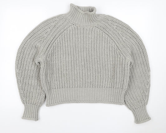 H&M Women Grey M Chunky Knit Wool Blend High Neck Raglan Jumper