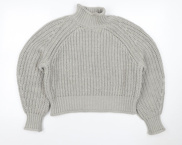 H&M Women Grey M Chunky Knit Wool Blend High Neck Raglan Jumper