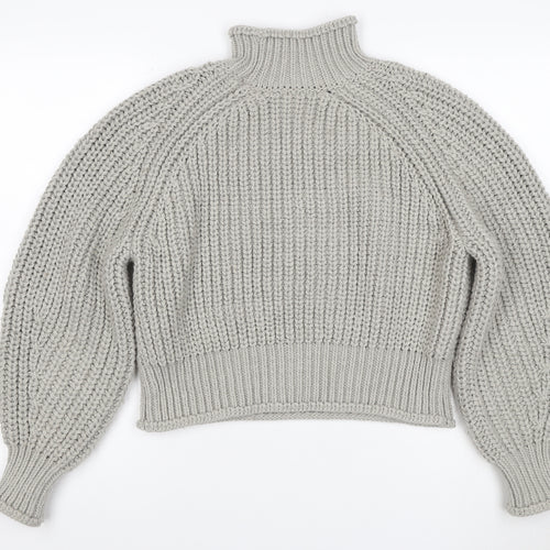 H&M Women Grey M Chunky Knit Wool Blend High Neck Raglan Jumper