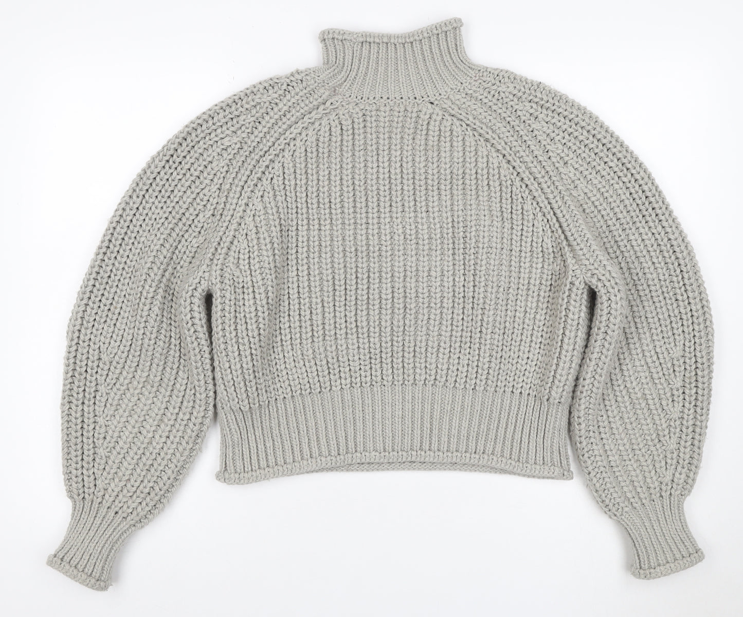 H&M Women Grey M Chunky Knit Wool Blend High Neck Raglan Jumper