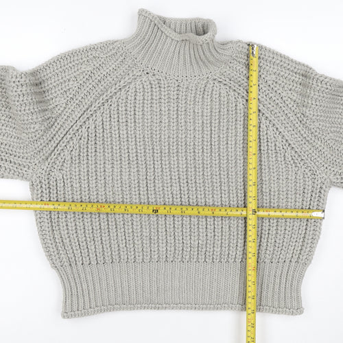 H&M Women Grey M Chunky Knit Wool Blend High Neck Raglan Jumper