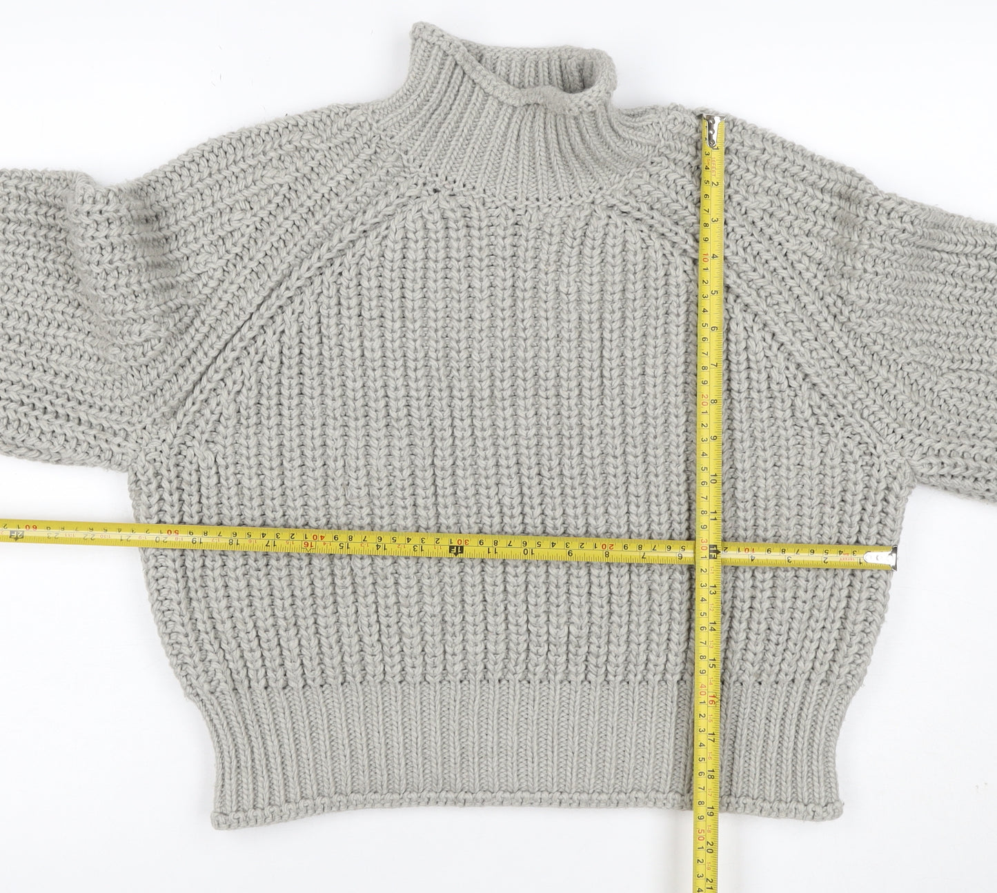 H&M Women Grey M Chunky Knit Wool Blend High Neck Raglan Jumper