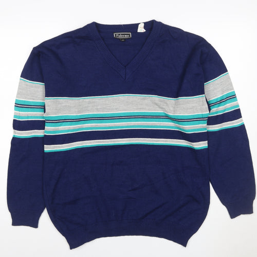 Palermo Men's Blue M V-Neck Striped Acrylic Knit Pullover Jumper