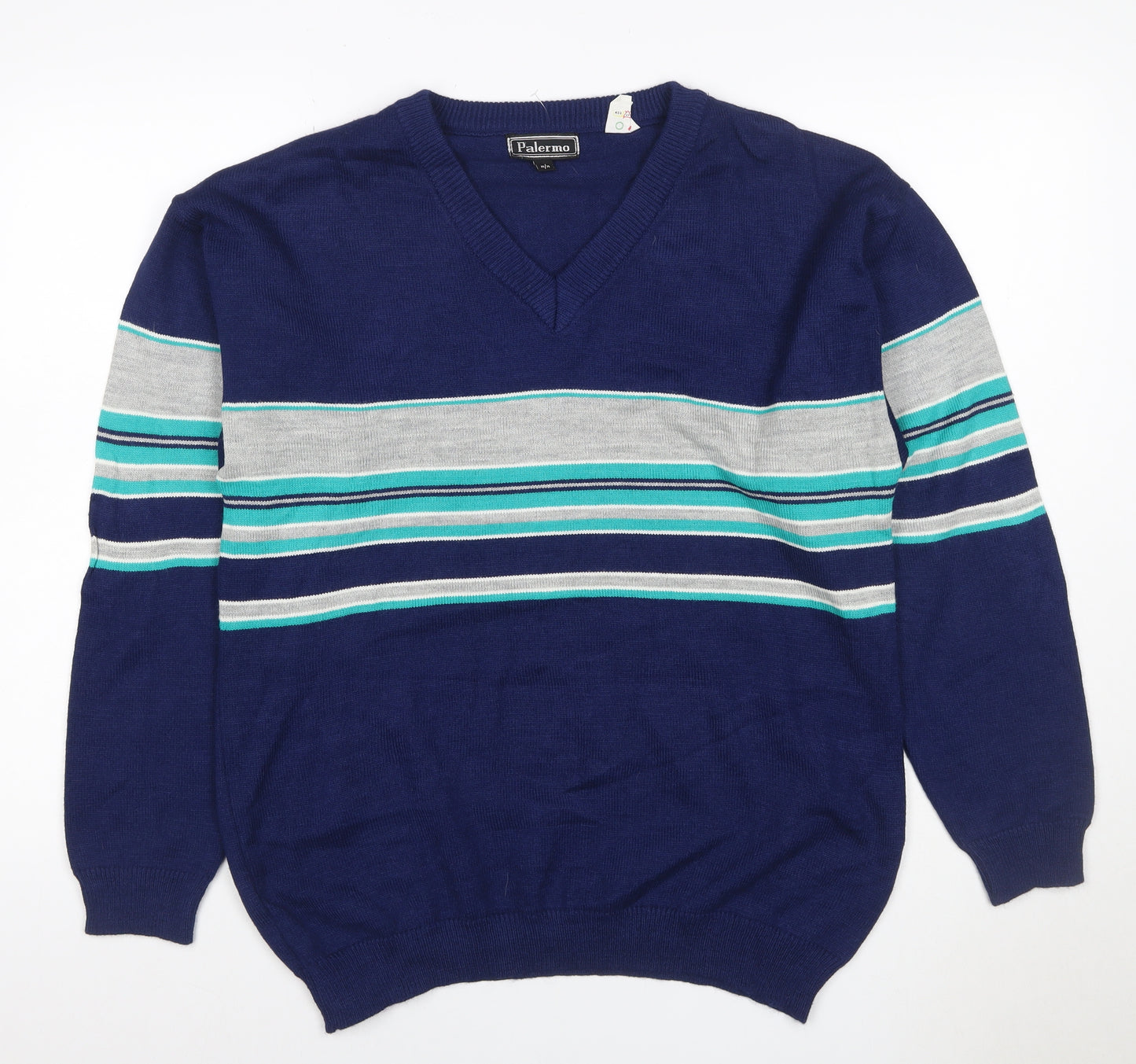 Palermo Men's Blue M V-Neck Striped Acrylic Knit Pullover Jumper