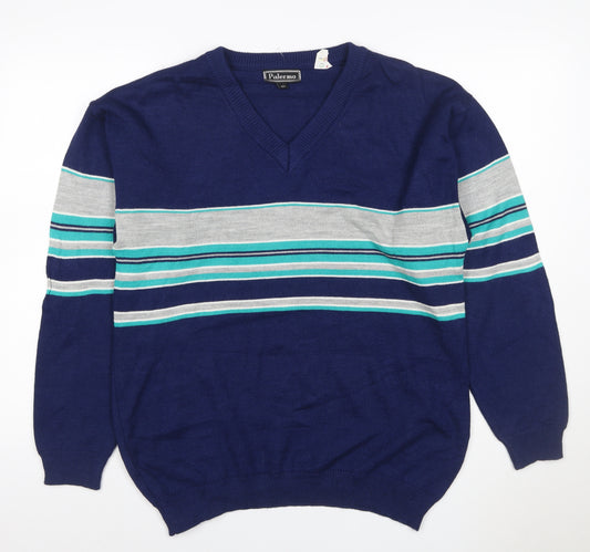 Palermo Men's Blue M V-Neck Striped Acrylic Knit Pullover Jumper