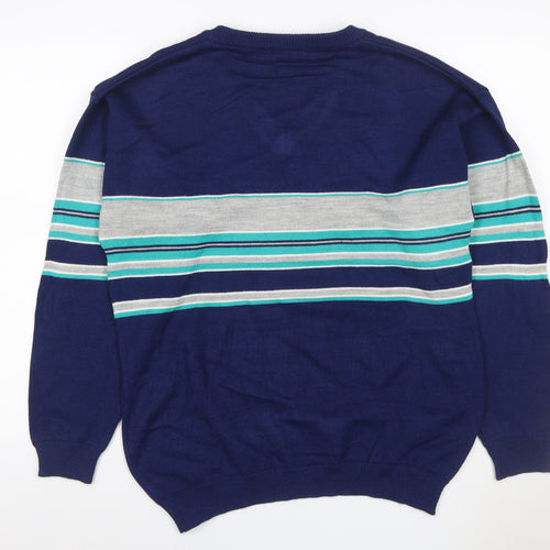 Palermo Men's Blue M V-Neck Striped Acrylic Knit Pullover Jumper