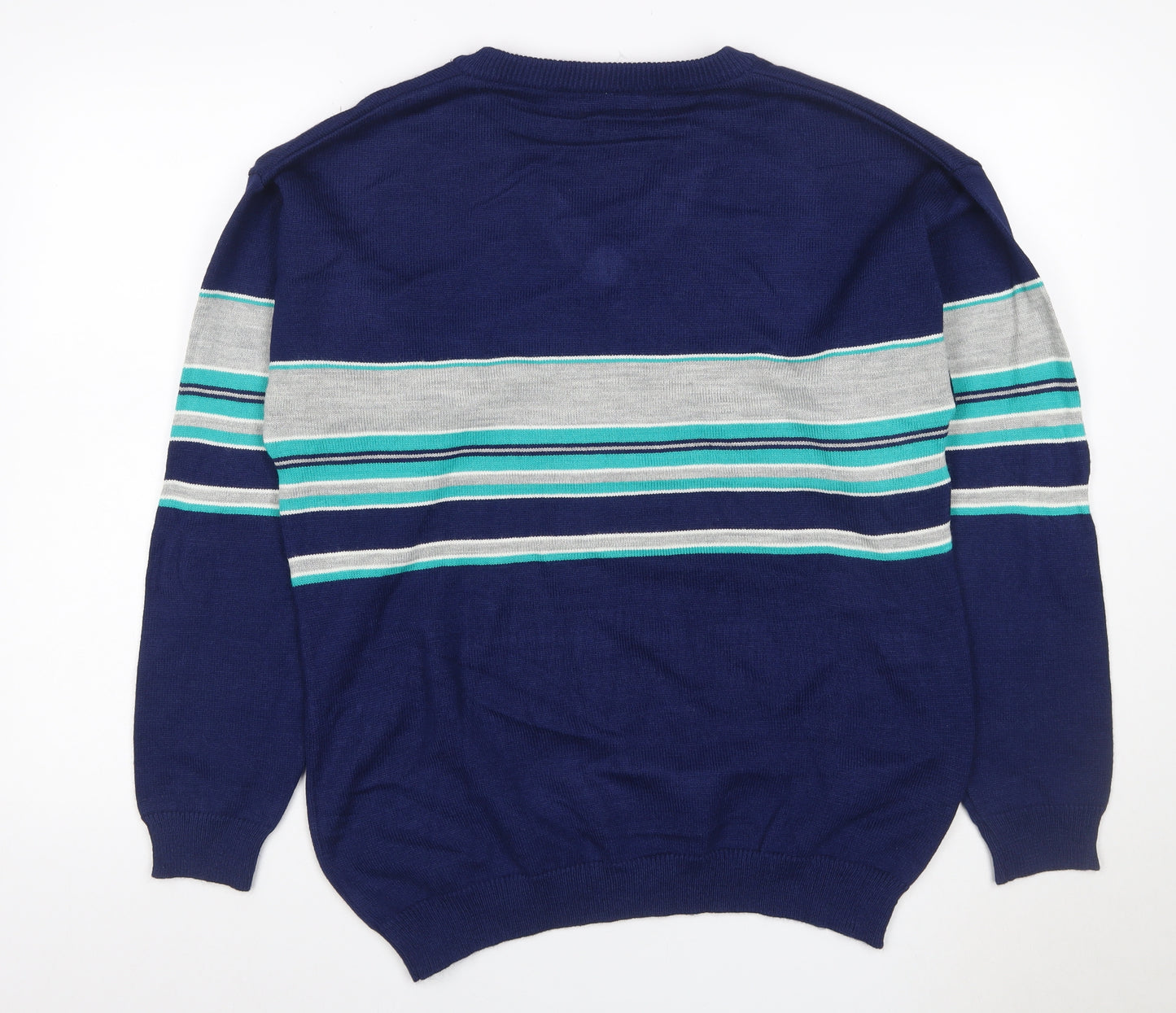 Palermo Men's Blue M V-Neck Striped Acrylic Knit Pullover Jumper