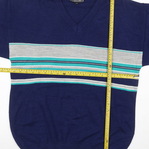 Palermo Men's Blue M V-Neck Striped Acrylic Knit Pullover Jumper