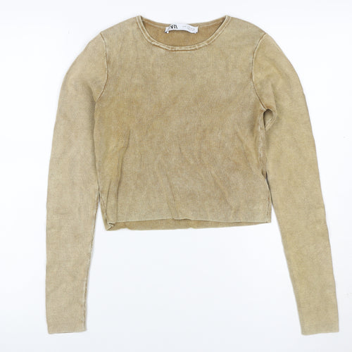 Zara Women Gold Knit Long Sleeve Basic Top UK 12 Cotton Blend