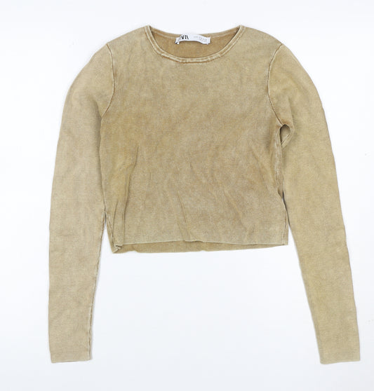 Zara Women Gold Knit Long Sleeve Basic Top UK 12 Cotton Blend