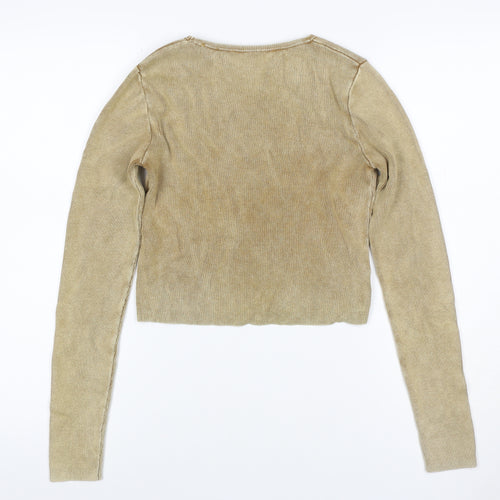 Zara Women Gold Knit Long Sleeve Basic Top UK 12 Cotton Blend