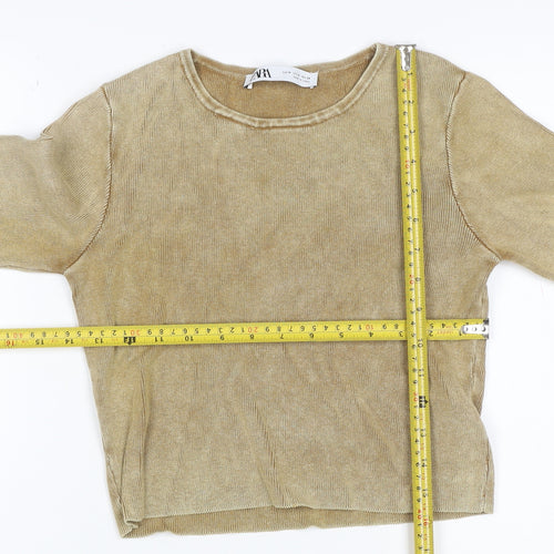 Zara Women Gold Knit Long Sleeve Basic Top UK 12 Cotton Blend