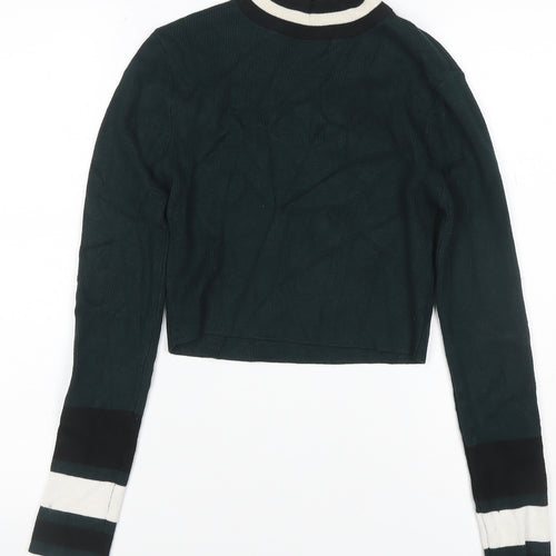 New Look Women Green Size 6 Ringer High Neck Rib Knit Long Sleeve Top