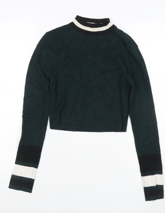 New Look Women Green Size 6 Ringer High Neck Rib Knit Long Sleeve Top