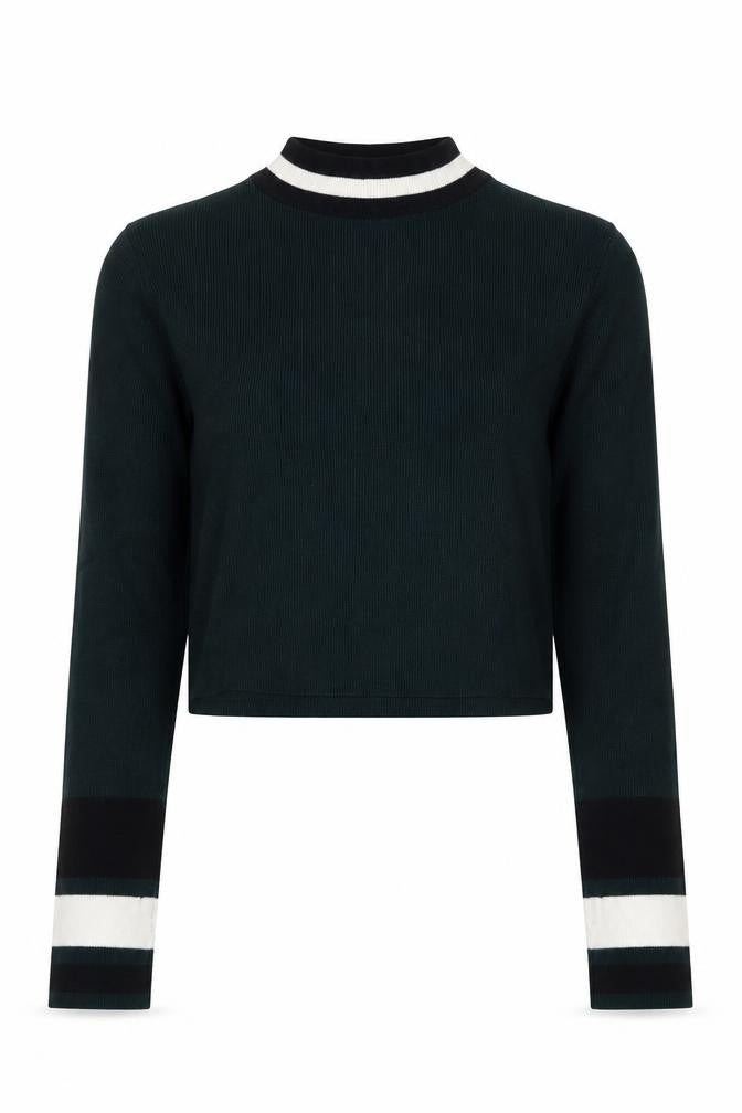New Look Women Green Size 6 Ringer High Neck Rib Knit Long Sleeve Top