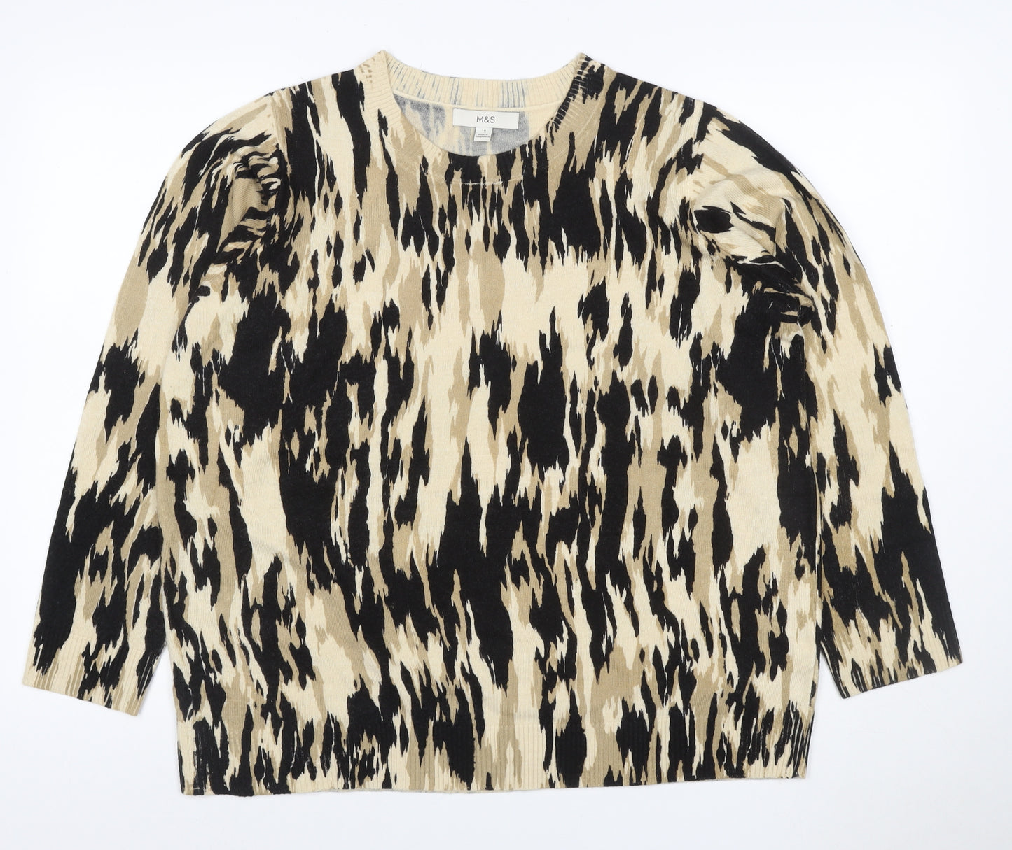 M&S Women’s Beige Animal Print Crew Neck Knit Jumper Size 18