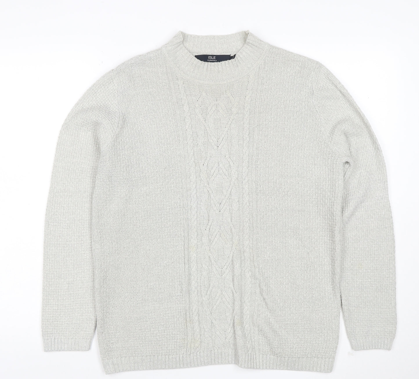 Isle Essentials Women Grey M Cable Knit Mock Neck Acrylic Jumper