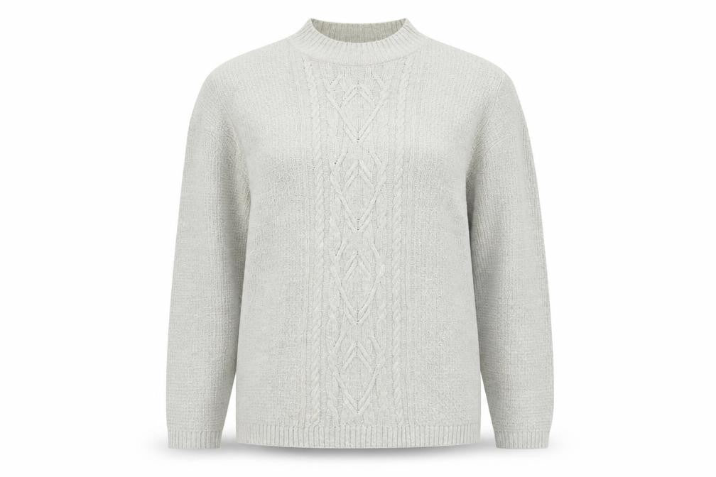 Front view of Isle Essentials Women Grey M Cable Knit Mock Neck Acrylic Jumper